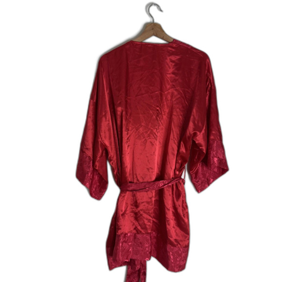 Victorias Secret Robe Womens One Size Red Satin Jacquard Floral Kimono Belted - Picture 10 of 10